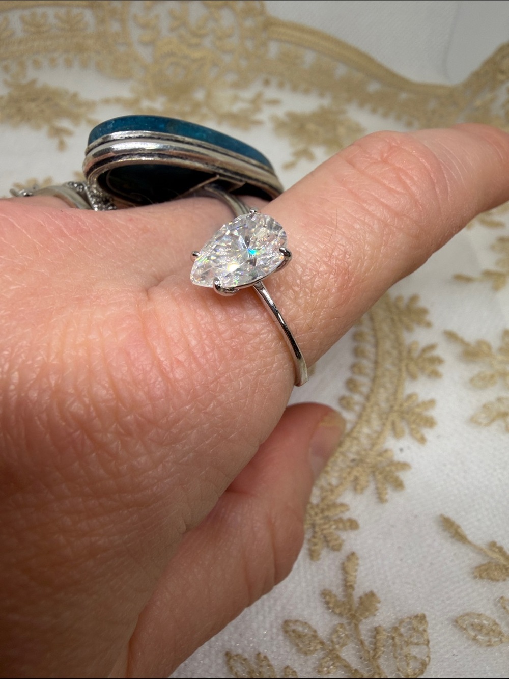 925 Sterling Silver 2ct Pear Cut Certified Moissanite Ring Size 8